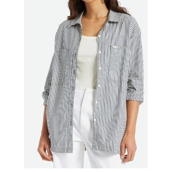 Brixton Bowery Overshirt Button Up Long Sleeve Navy Striped Shirt Sz M  NWT - Picture 1 of 10